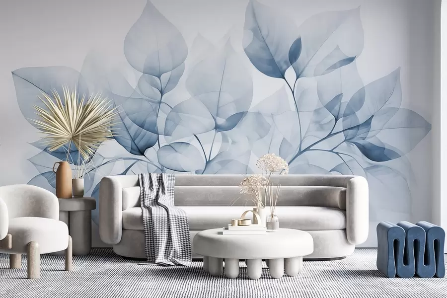 Papier peint Aquarelle de feuilles translucides aux couleurs pastel, avec des nuances de blanc et de bleu w08910v1