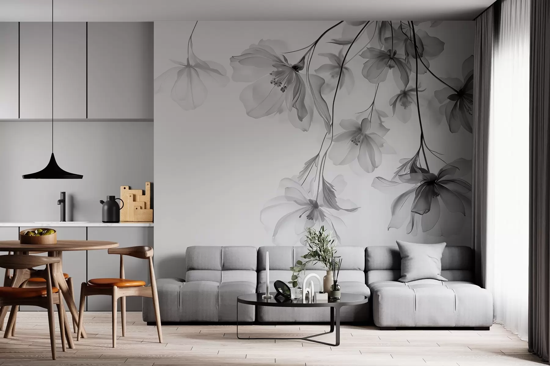 Papier peint Fleurs noires aux pétales translucides suspendues à une branche, noir et blanc, composition d'art moderne minimaliste w08911