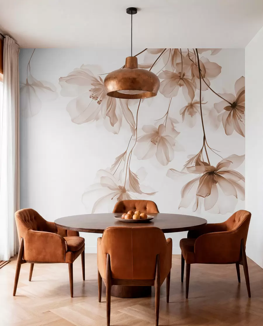 Papier peint Fleurs beiges aux pétales translucides suspendues à une branche, beige et blanc, composition d'art moderne minimaliste w08911v1