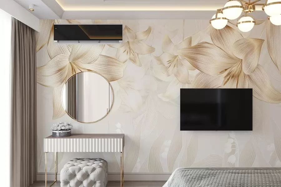 Papier peint Lys jaunes avec détails de lignes complexes, arrangement floral élégant, palette de couleurs neutres w08912