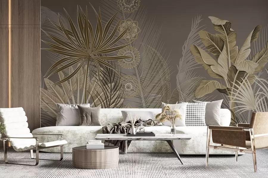 Papier peint Feuilles tropicales dans les tons beige et brun, feuilles de palmier, feuilles de bananier et ornements de mandala, fond sombre w08913v1