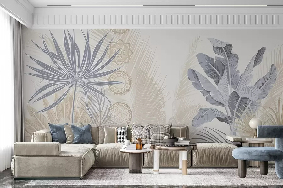 Papier peint Feuilles tropicales dans les tons bleu et beige, feuilles de palmier, feuilles de bananier et ornements de mandala, fond clair w08913v2