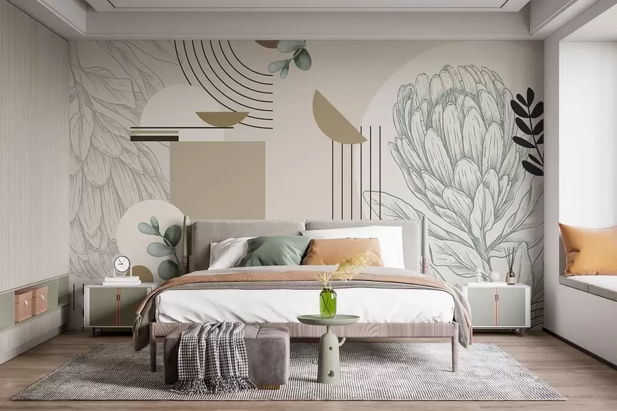 Papier peint Imprimé botanique abstrait avec fleur de protéa, feuilles d'eucalyptus, formes géométriques dans un style minimaliste, couleurs pastel w08914