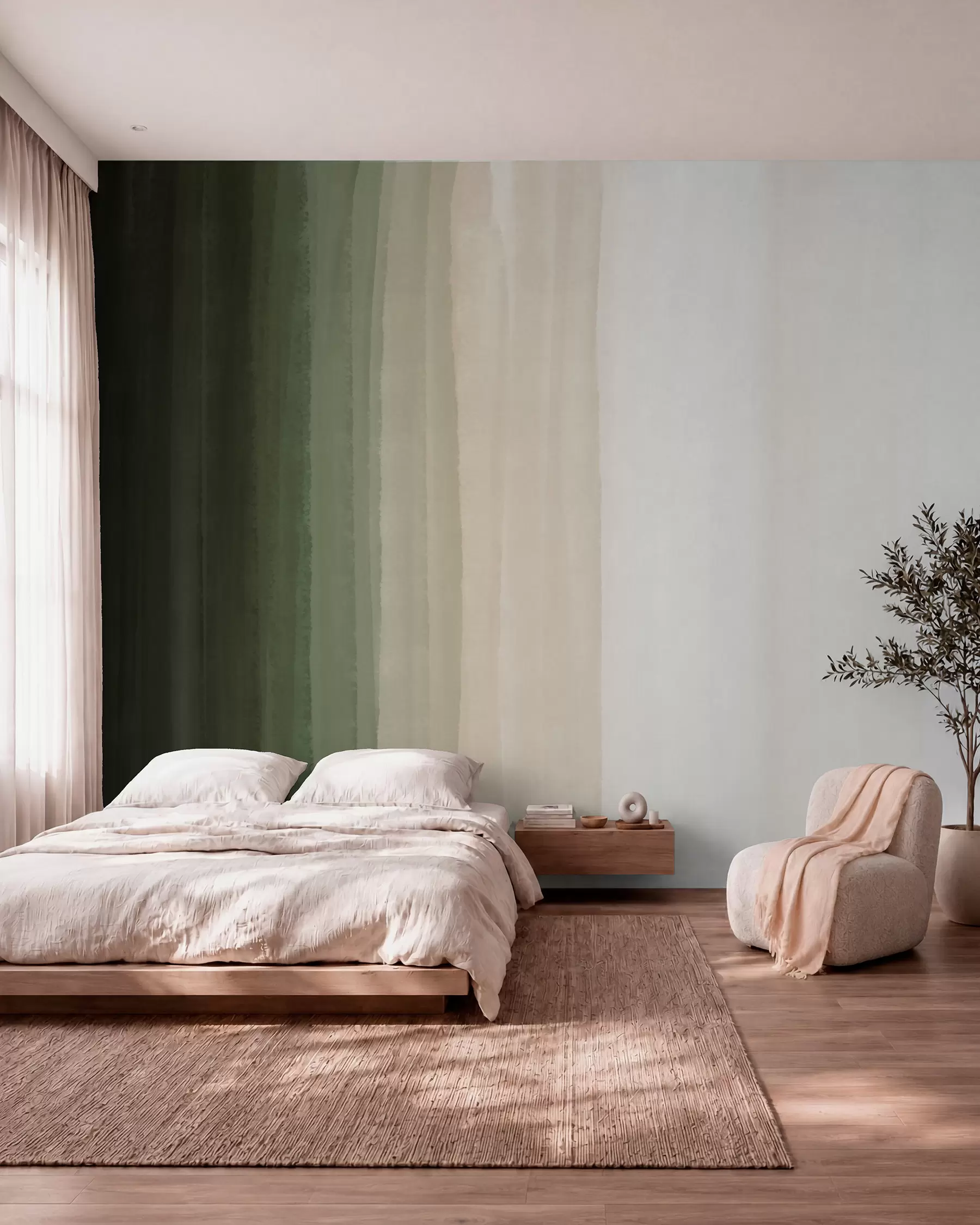 Papier peint Imprimé abstrait minimaliste en dégradé avec des bandes verticales de vert foncé, beige et blanc  w08915