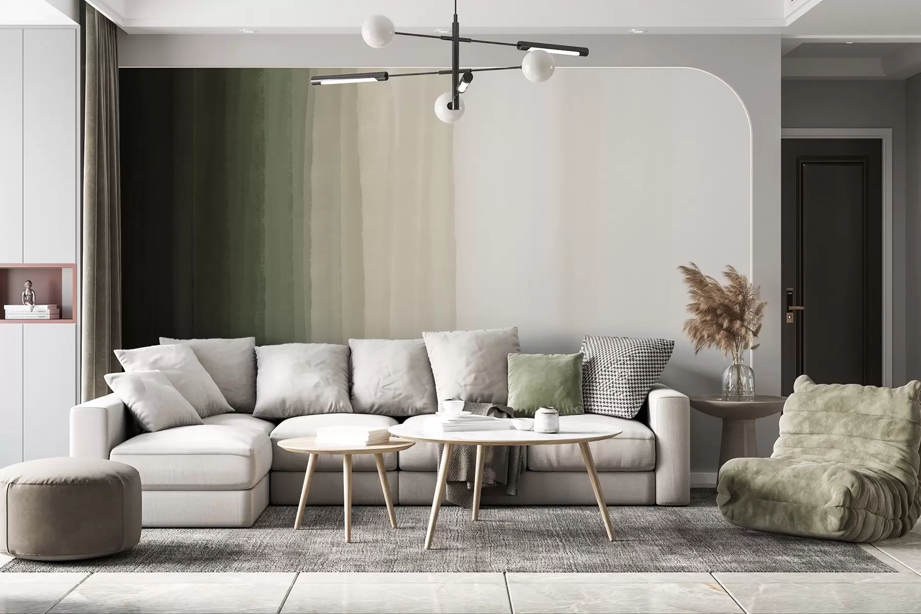 Papier peint Imprimé abstrait minimaliste en dégradé avec des bandes verticales de vert foncé, beige et blanc  w08915