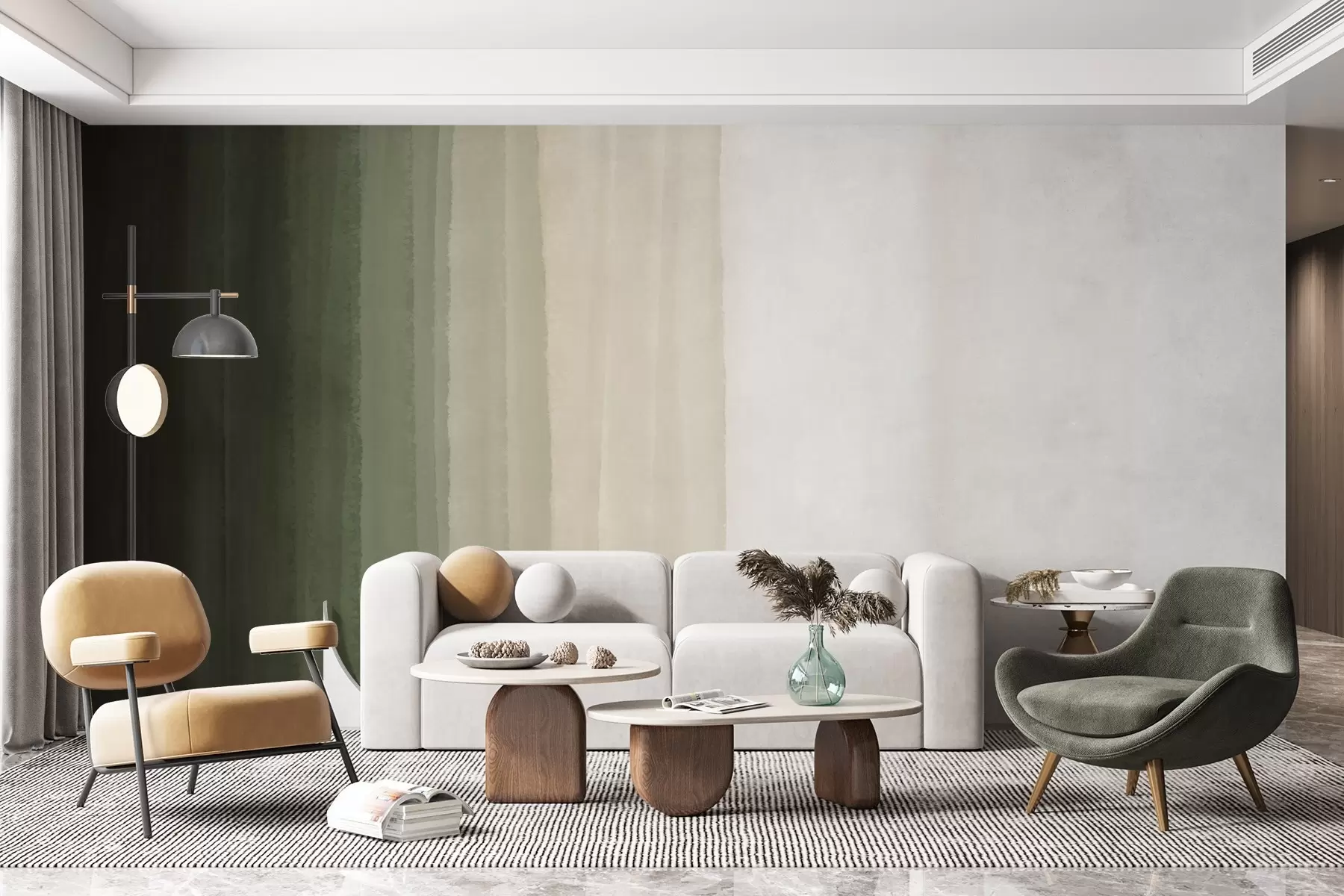 Papier peint Imprimé abstrait minimaliste en dégradé avec des bandes verticales de vert foncé, beige et blanc  w08915