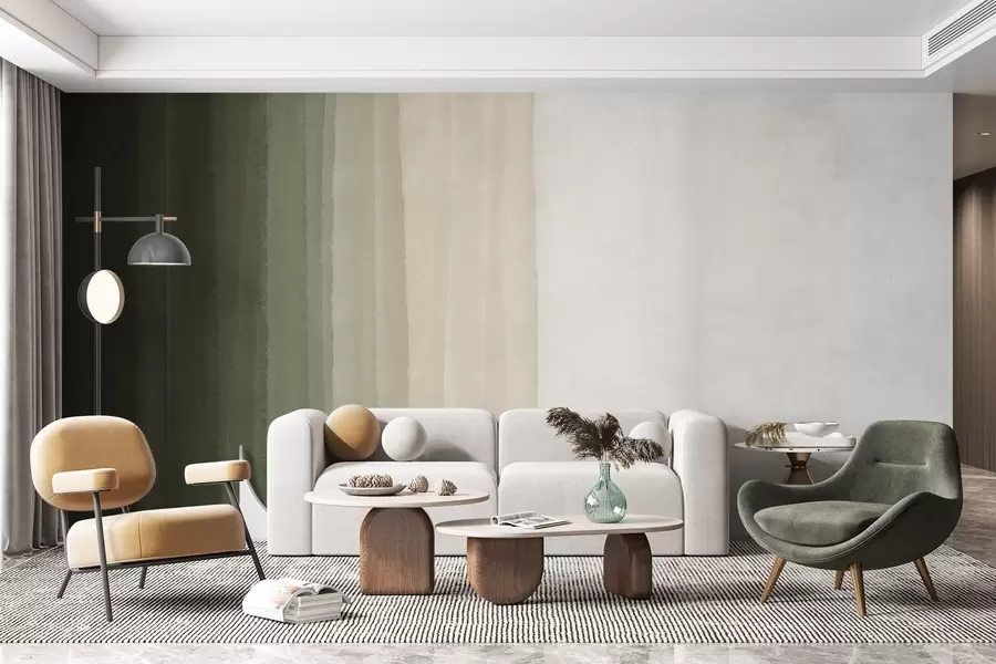 Papier peint Imprimé abstrait minimaliste en dégradé avec des bandes verticales de vert foncé, beige et blanc  w08915