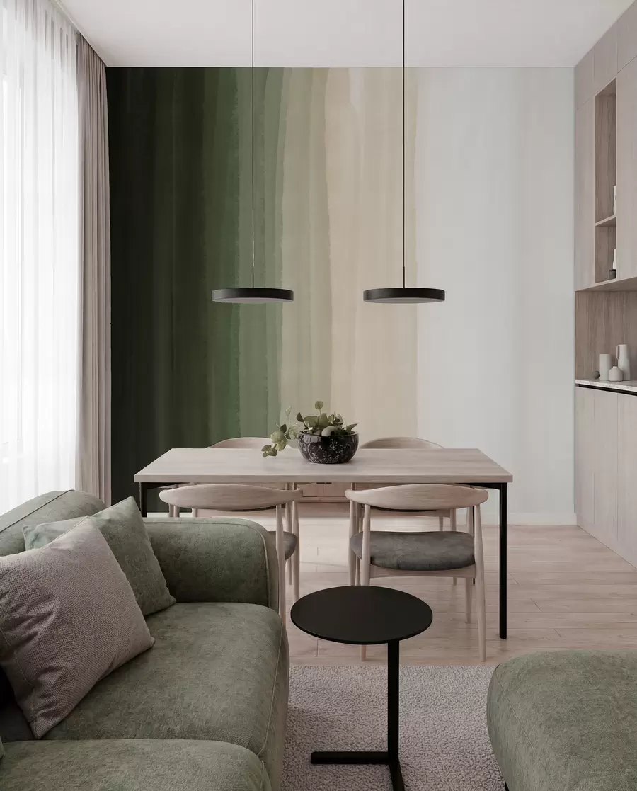 Papier peint Imprimé abstrait minimaliste en dégradé avec des bandes verticales de vert foncé, beige et blanc  w08915