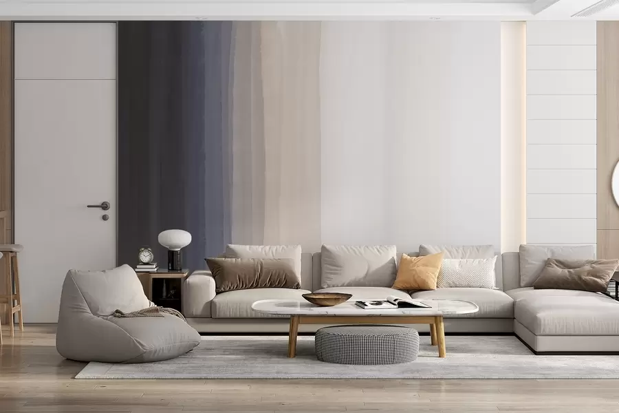 Papier peint Impression abstraite minimaliste en dégradé avec des bandes verticales de bleu foncé, de pêche claire et de blanc w08915v1