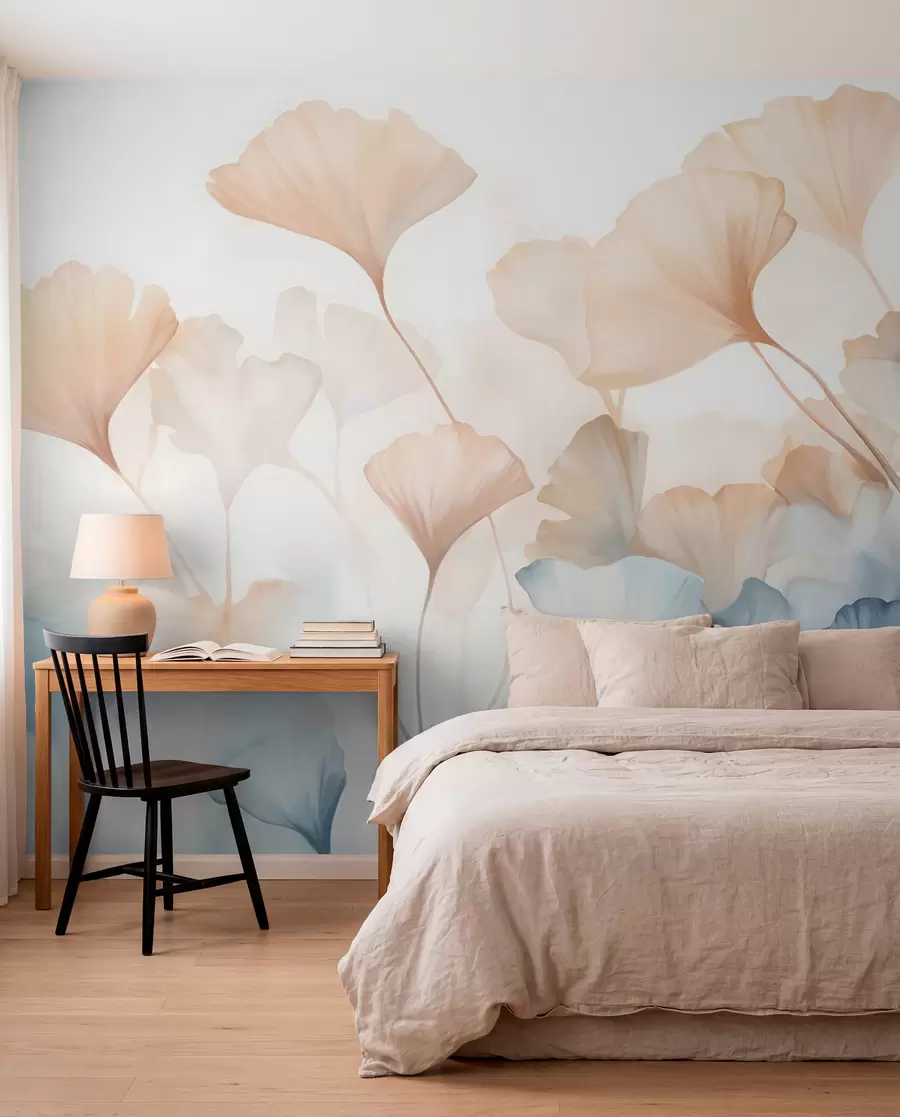 Papier peint Feuilles de ginkgo en aquarelle bleue et orange, pétales translucides, tiges délicates, palette de couleurs douces w08917