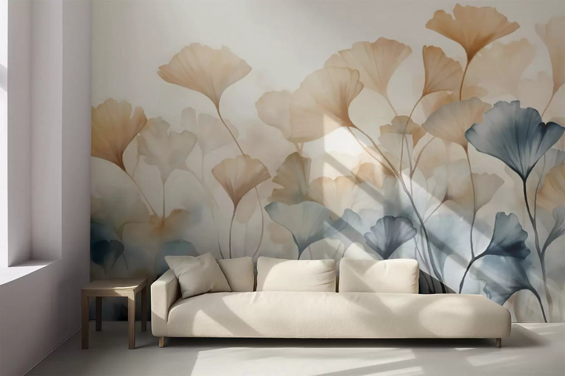 Papier peint Feuilles de ginkgo en aquarelle bleue et orange, pétales translucides, tiges délicates, palette de couleurs douces w08917