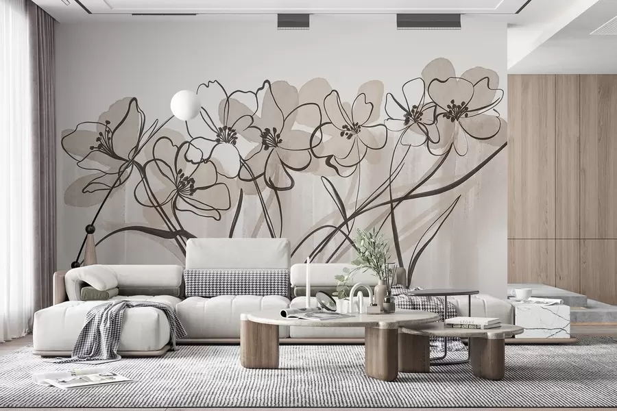 Papier peint Fleurs minimalistes en dessin au trait avec pétales beiges et bruns, longues tiges, fond beige clair w08918