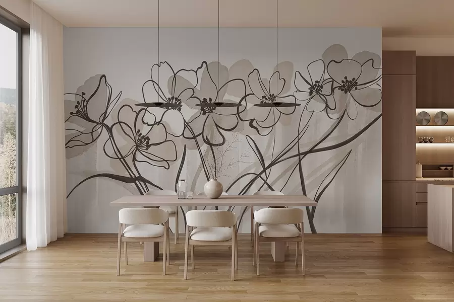 Papier peint Fleurs minimalistes en dessin au trait avec pétales beiges et bruns, longues tiges, fond beige clair w08918