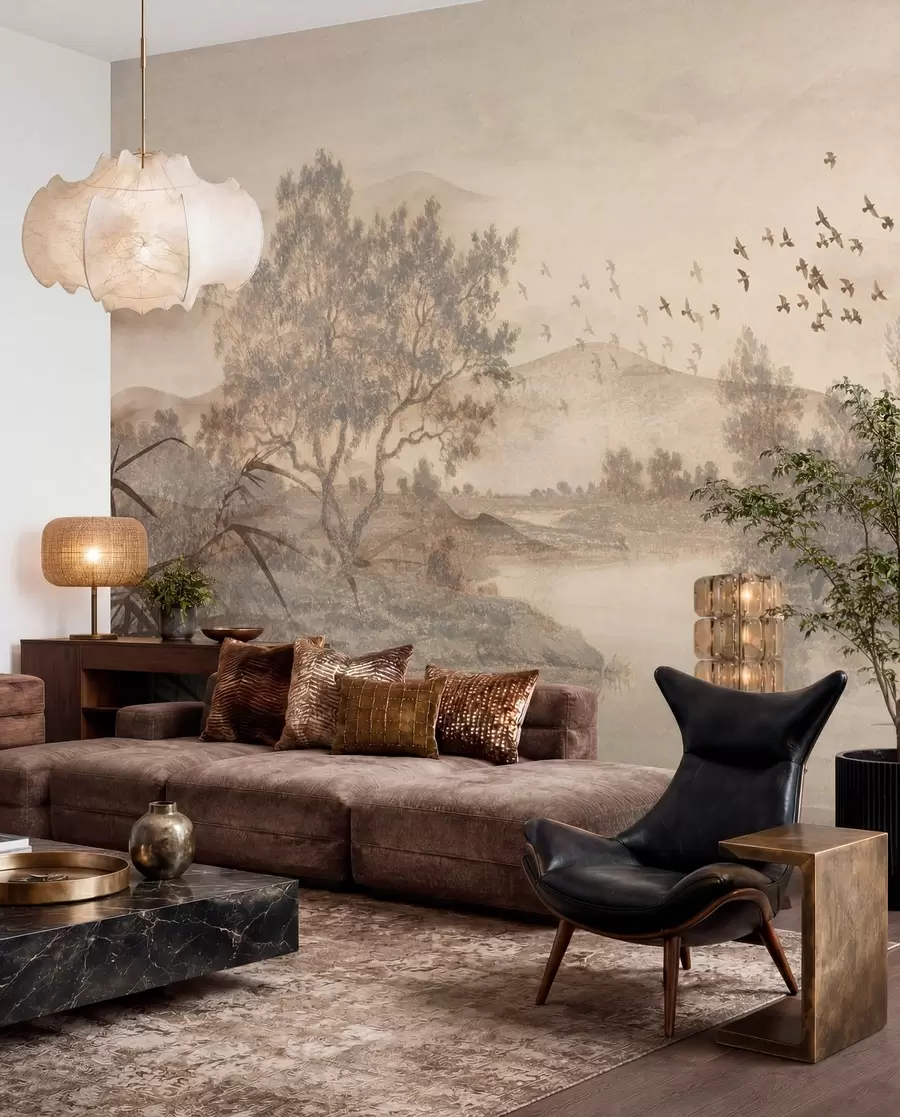 Papier peint Paysage vintage texturé avec un arbre près d'une rivière et un ciel nuageux, art de la nature en tons sépia w08920