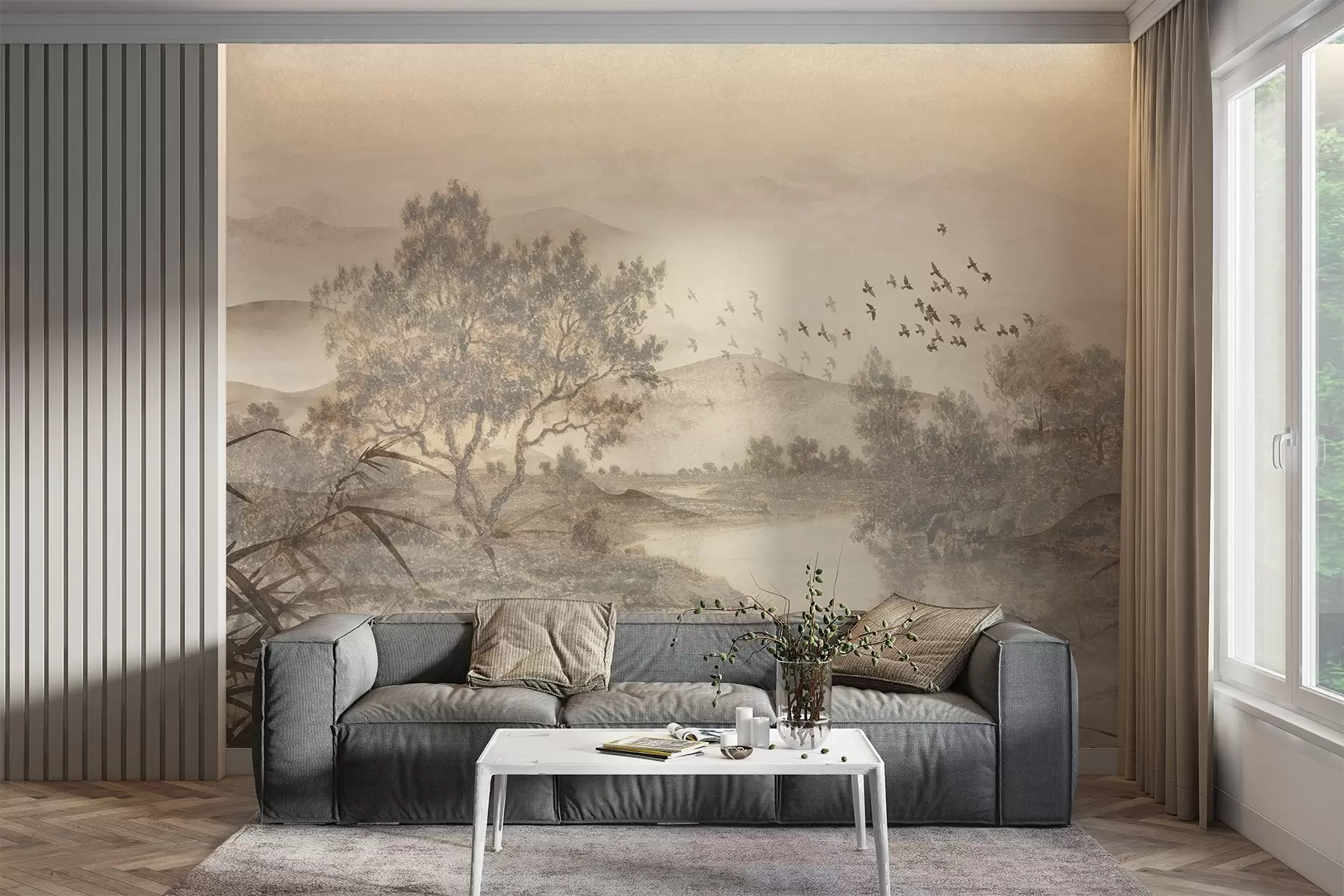 Papier peint Paysage vintage texturé avec un arbre près d'une rivière et un ciel nuageux, art de la nature en tons sépia w08920