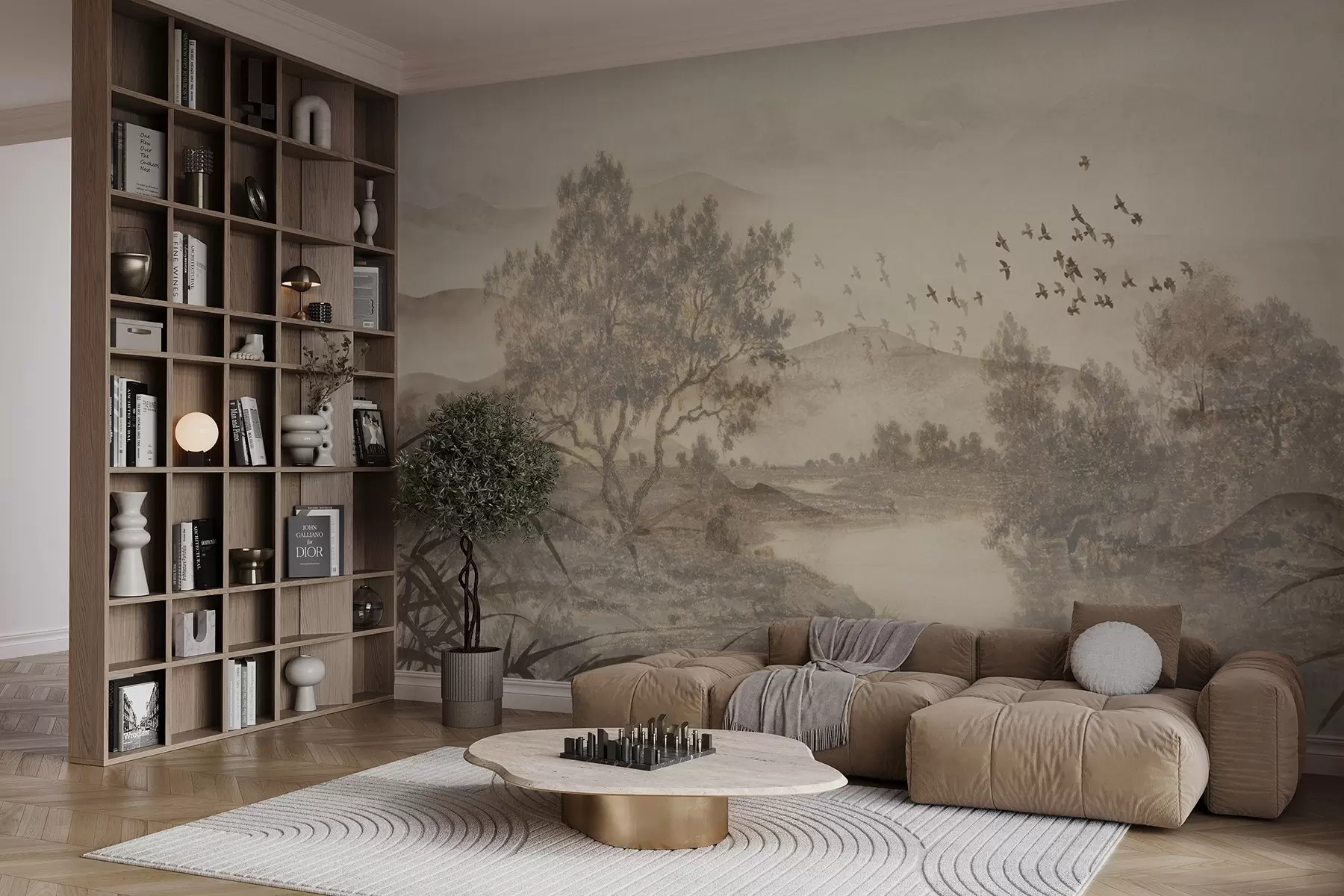 Papier peint Paysage vintage texturé avec un arbre près d'une rivière et un ciel nuageux, art de la nature en tons sépia w08920