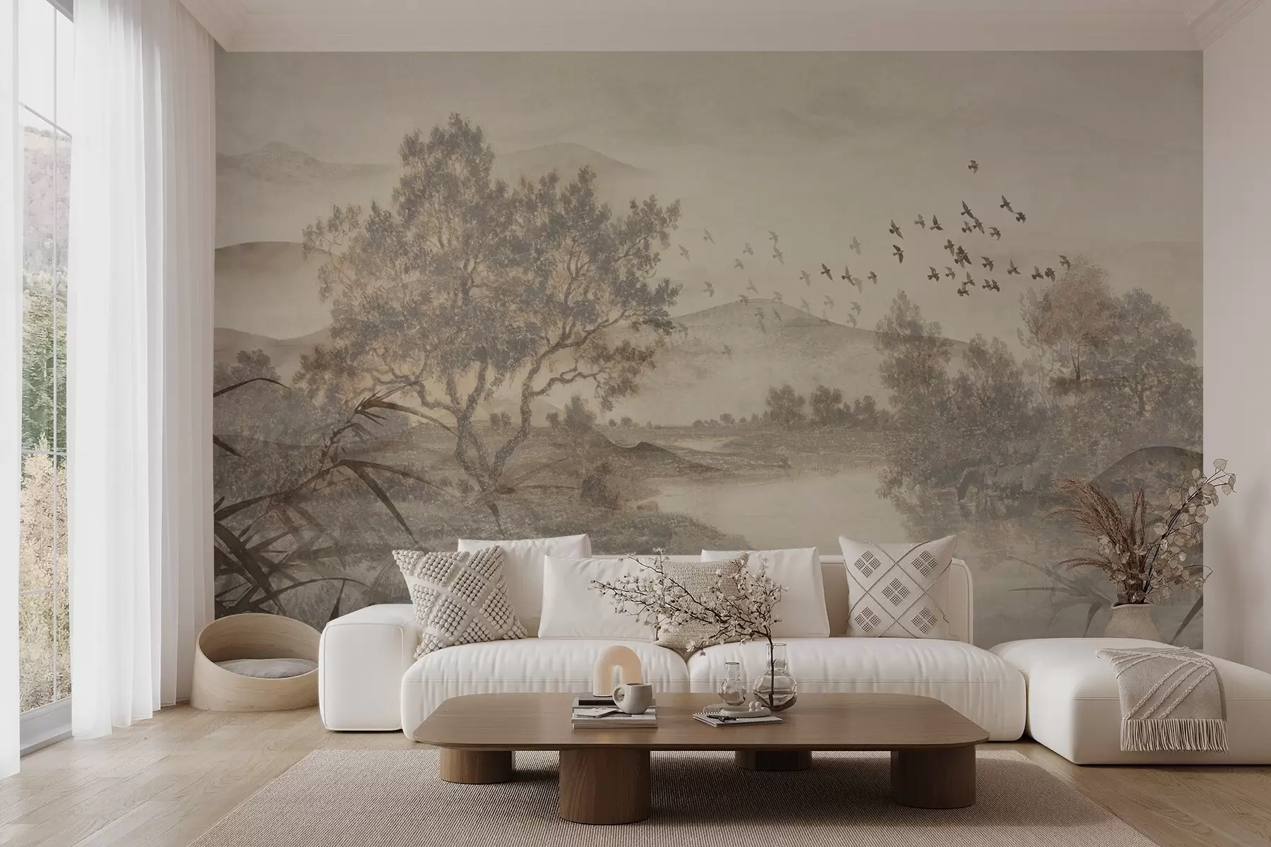 Papier peint Paysage vintage texturé avec un arbre près d'une rivière et un ciel nuageux, art de la nature en tons sépia w08920