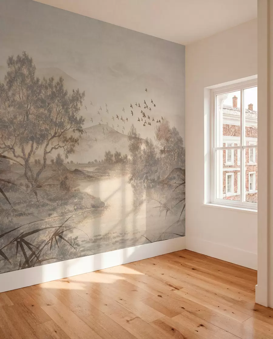 Papier peint Paysage vintage texturé avec un arbre près d'une rivière et un ciel nuageux, art de la nature en tons sépia w08920
