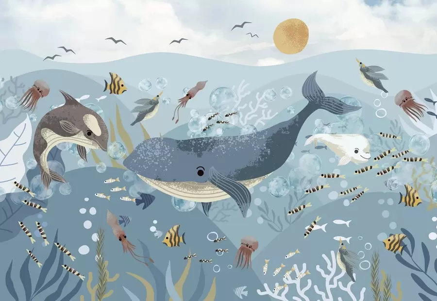 Papier peint Illustration pour enfants avec une baleine bleue entourée de poissons, de calamars et de méduses dans un océan bleu avec des bulles w08921