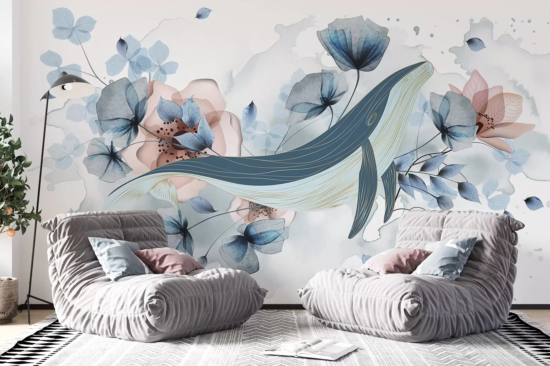 Papier peint Une baleine bleue avec des fleurs, style aquarelle, couleurs bleu clair et rose, fond clair w08922