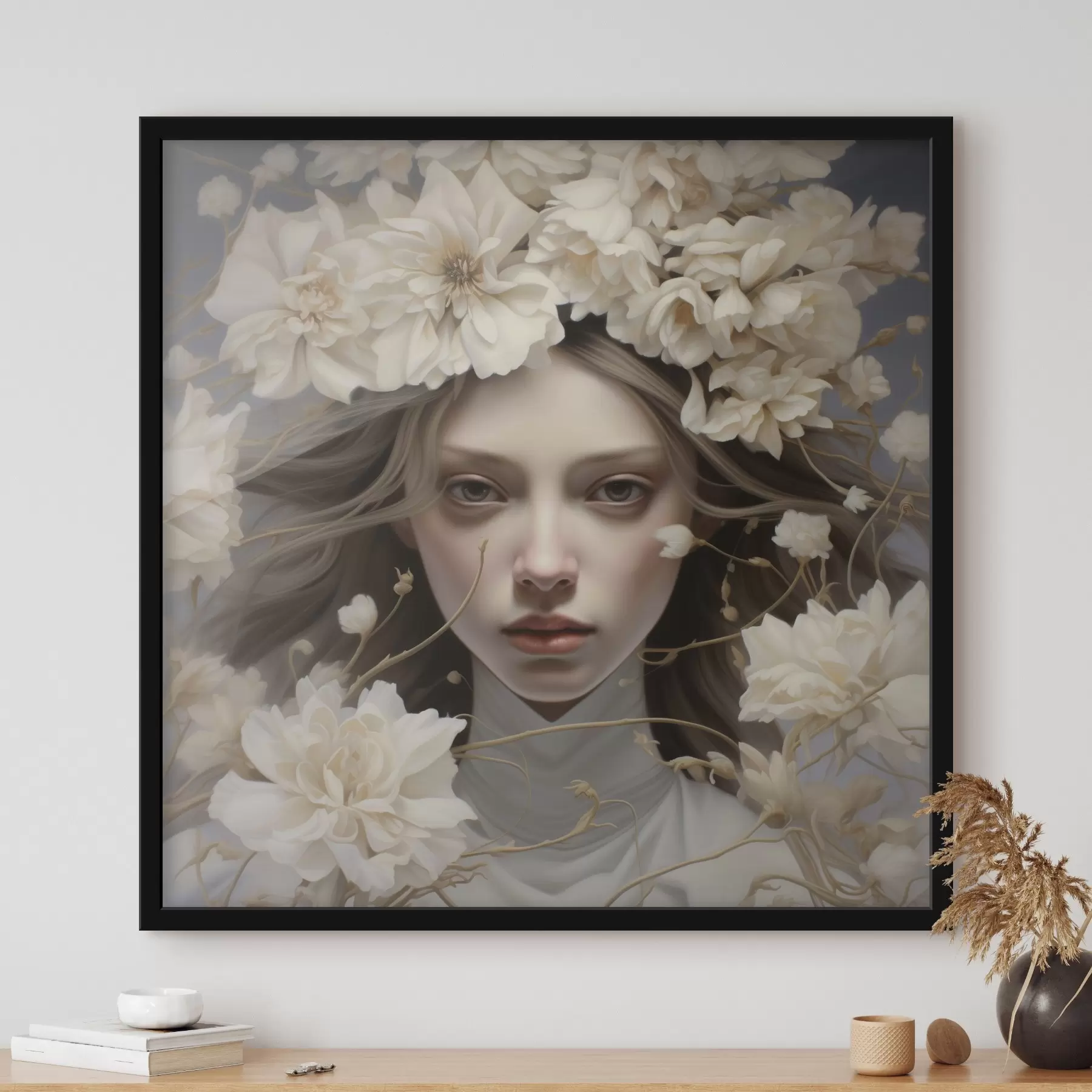 Papier peint Fille dans des fleurs dans des tons calmes f43367