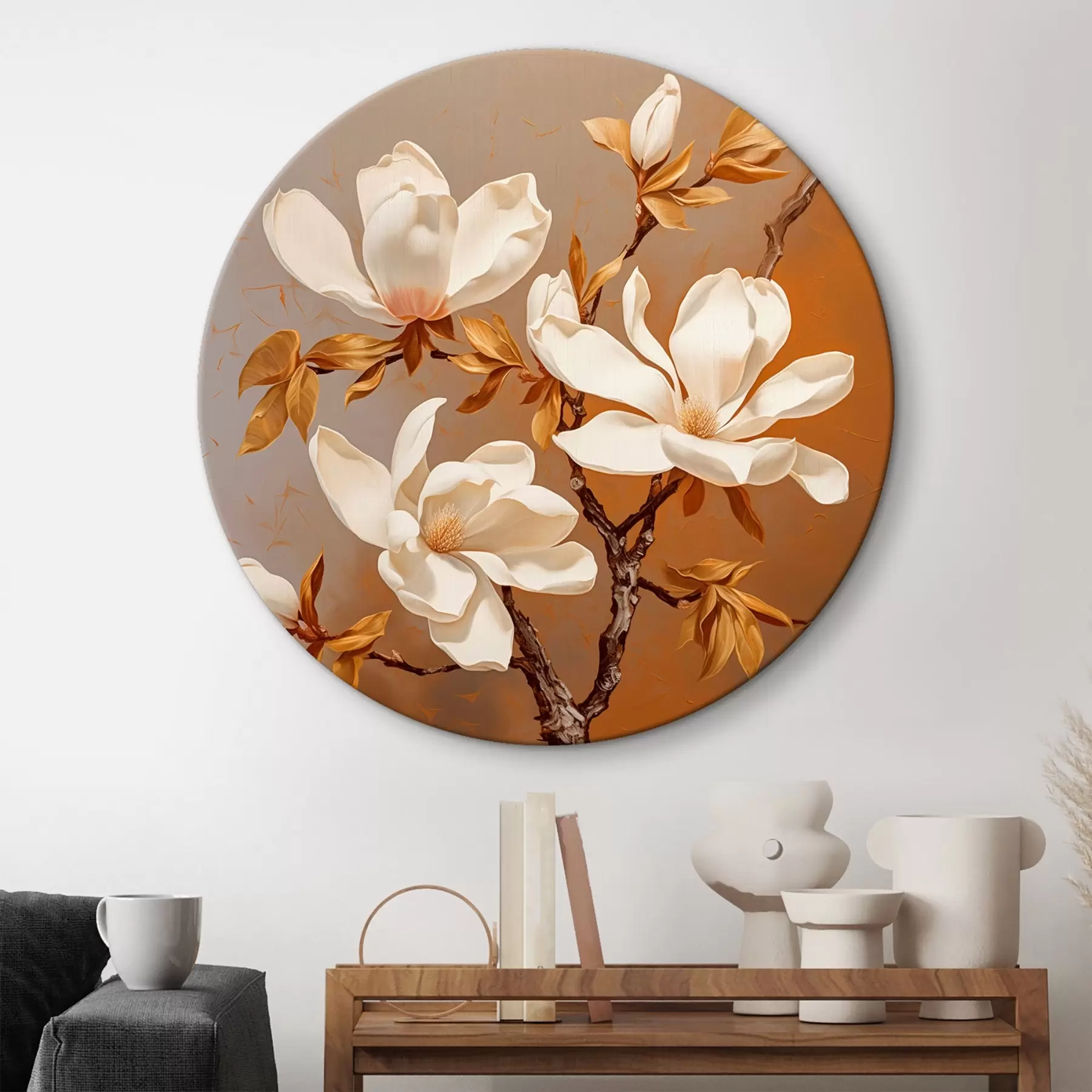 Tableau Peinture à l'huile avec un magnolia blanc sur une branche sur un fond jaune r43361