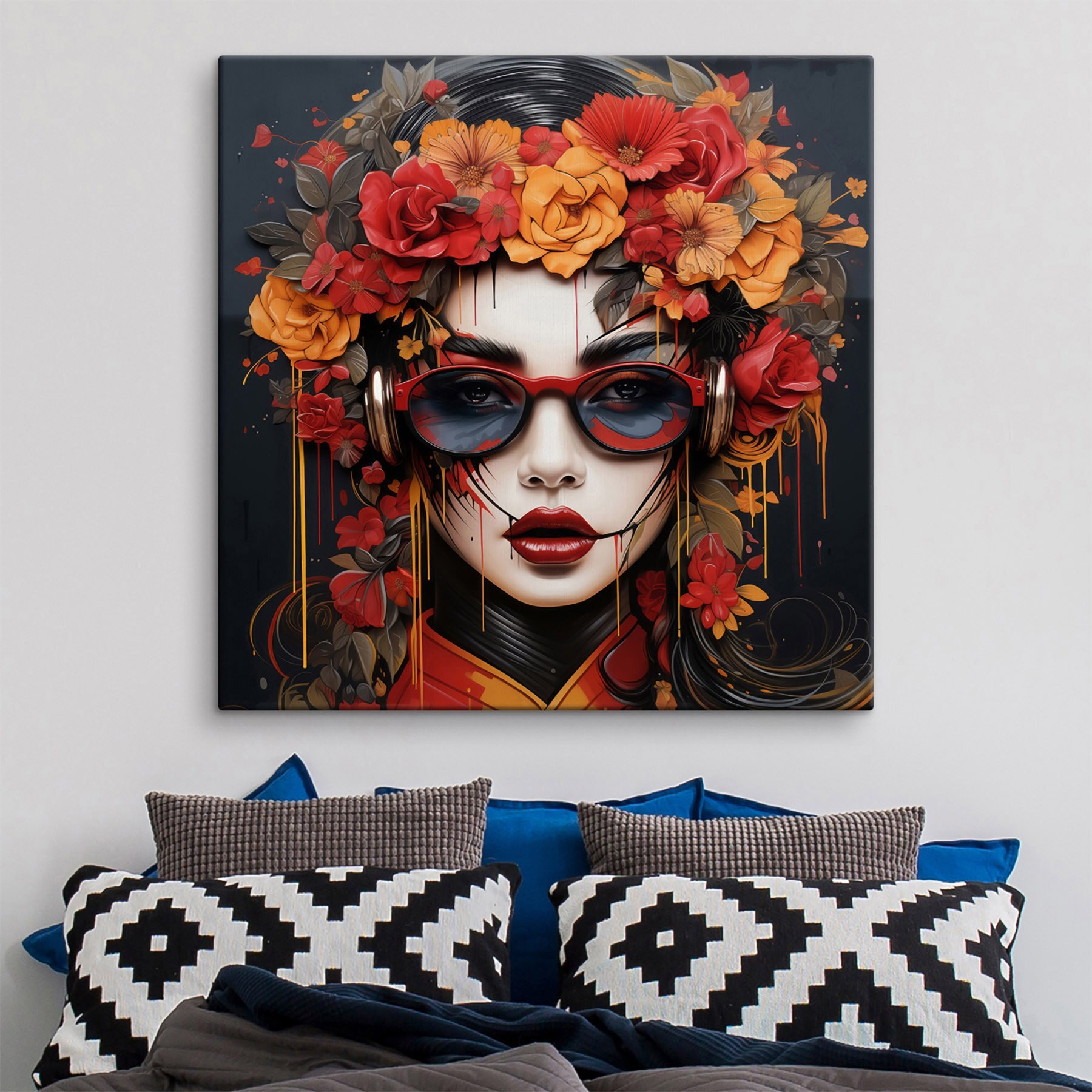 Tableau Toile Abstrait WALLARENA - Femme Et Fleurs, Moderne, Grand Format, Noir Et Blanc