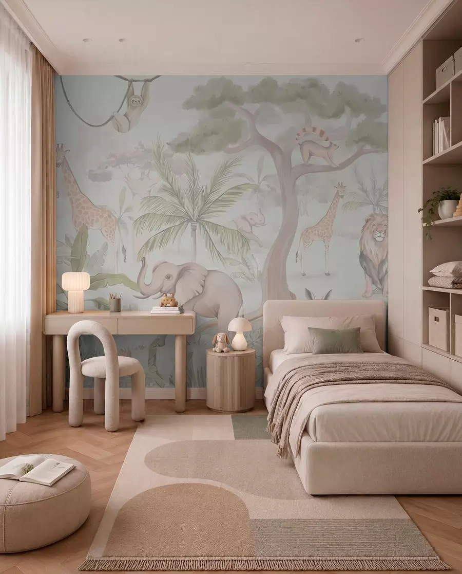 Papier peint Panorama de la jungle avec des animaux en couleurs claires w03444v1