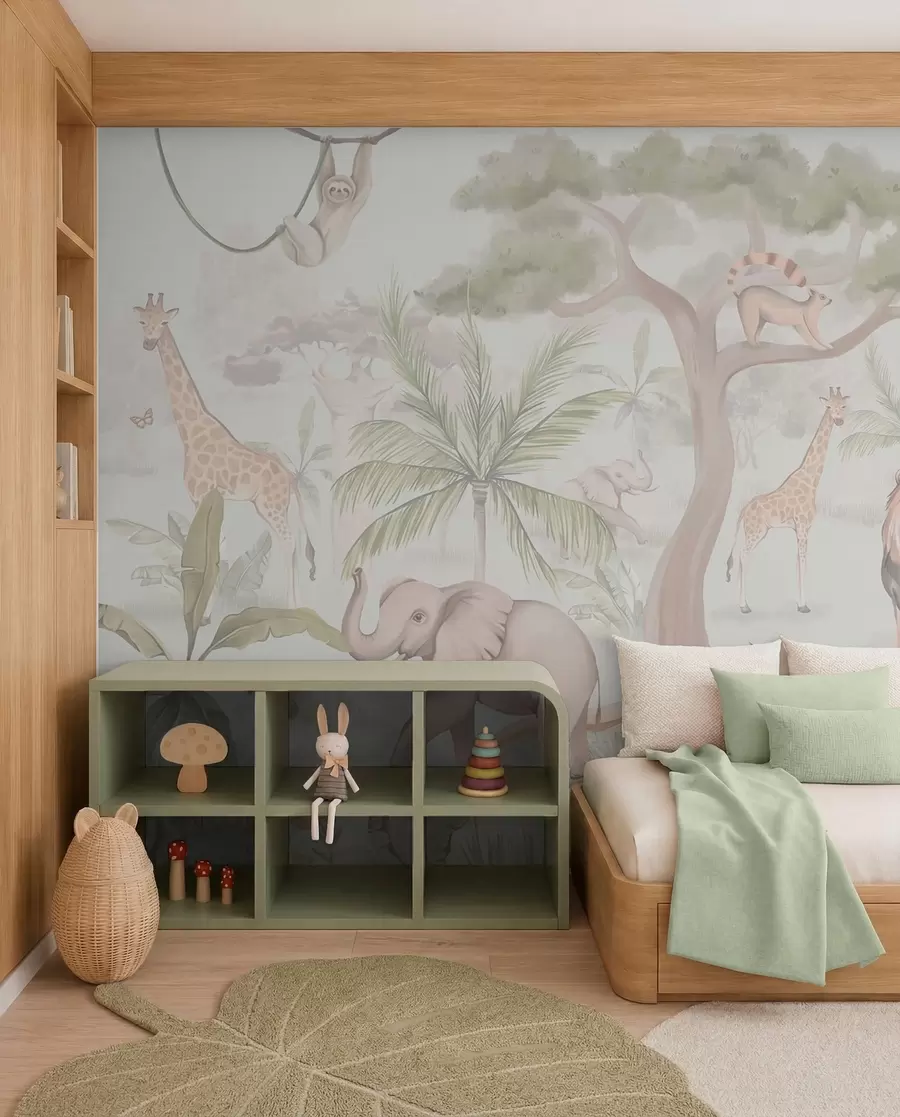 Papier peint Panorama de la jungle avec des animaux en couleurs claires w03444v1