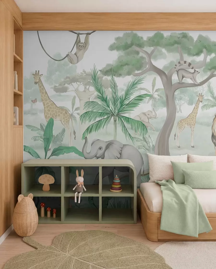 Papier peint Panorama de la jungle avec des animaux dans les tons verts w03444v2