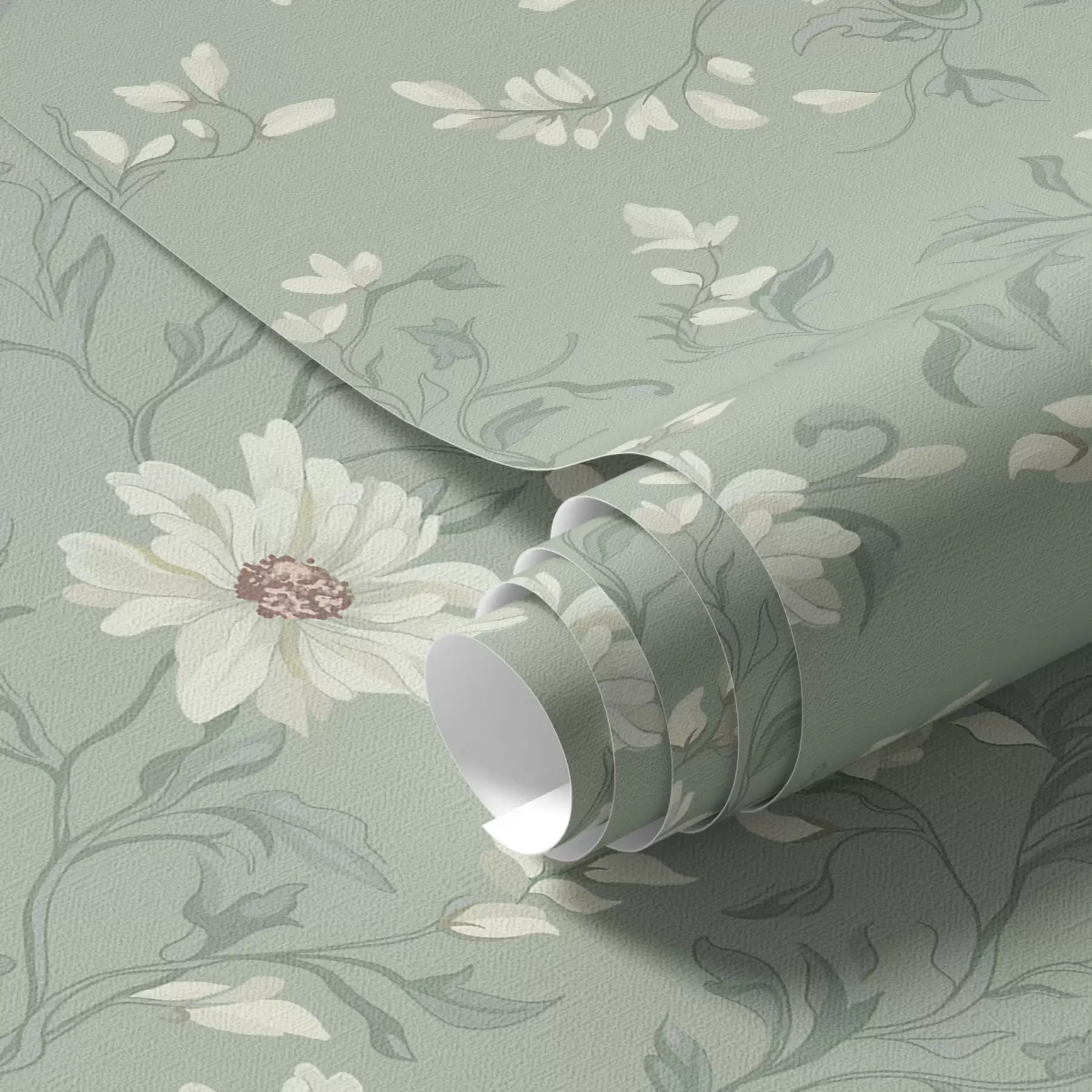 Papier peint Fleurs blanches avec des feuilles frétillantes a00001