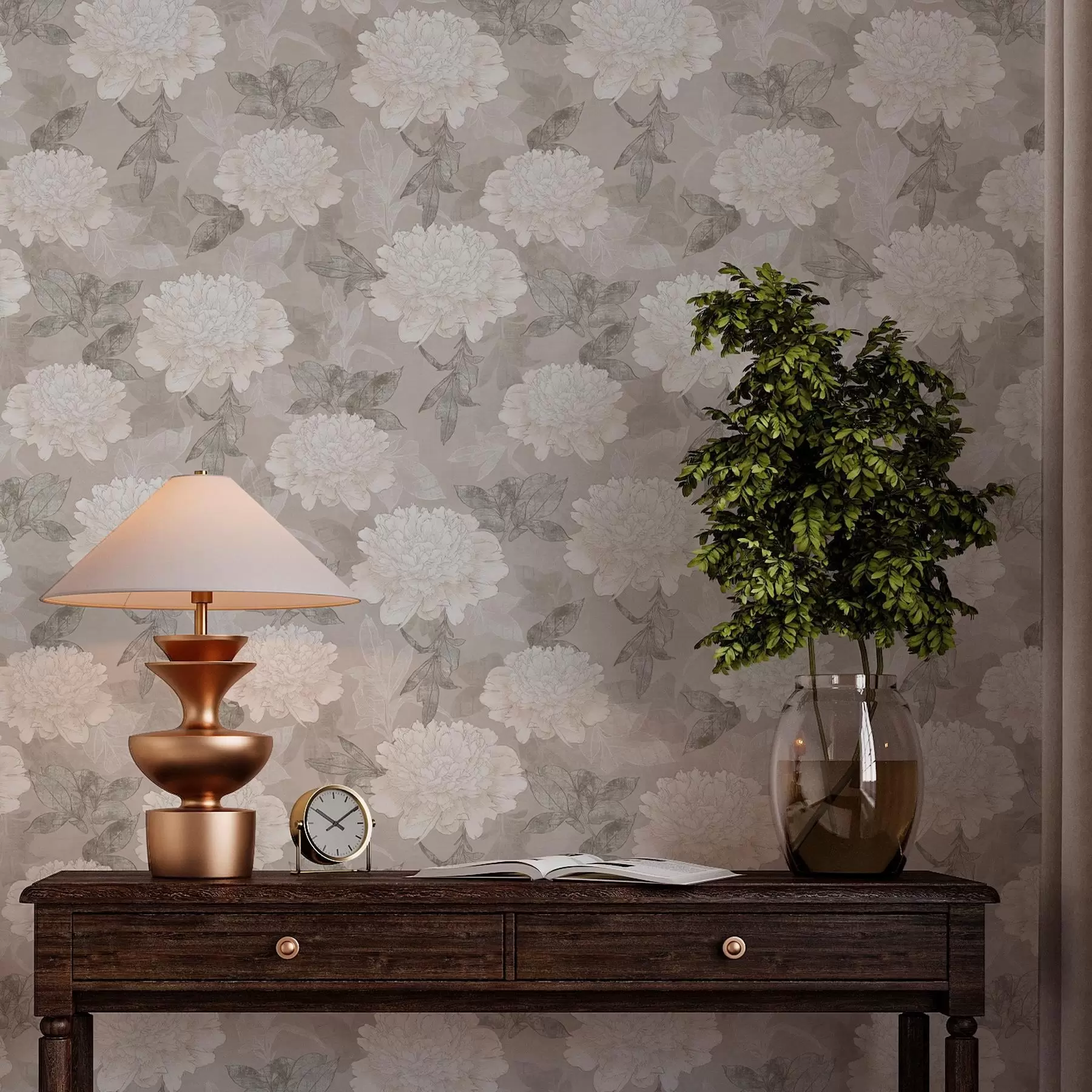 Papier peint Pivoines et feuilles de couleur claire dans un style grunge a00005