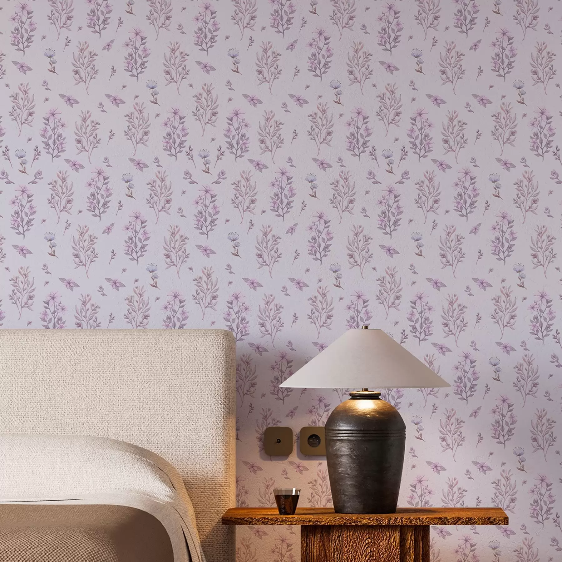 Papier peint Fleurs délicates avec tiges sur fond blanc a00016