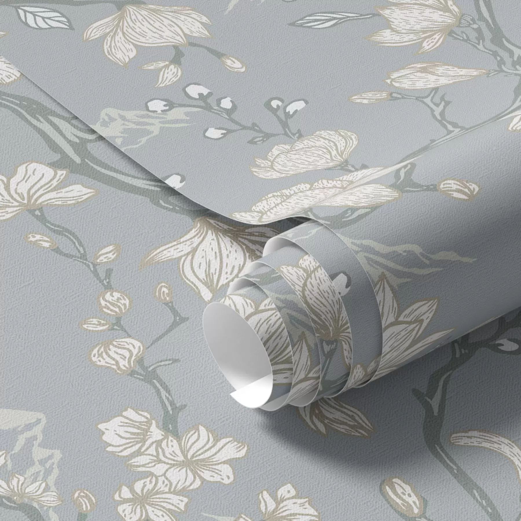 Papier peint Fleurs blanches sur branches et montagnes sur fond bleu a00021