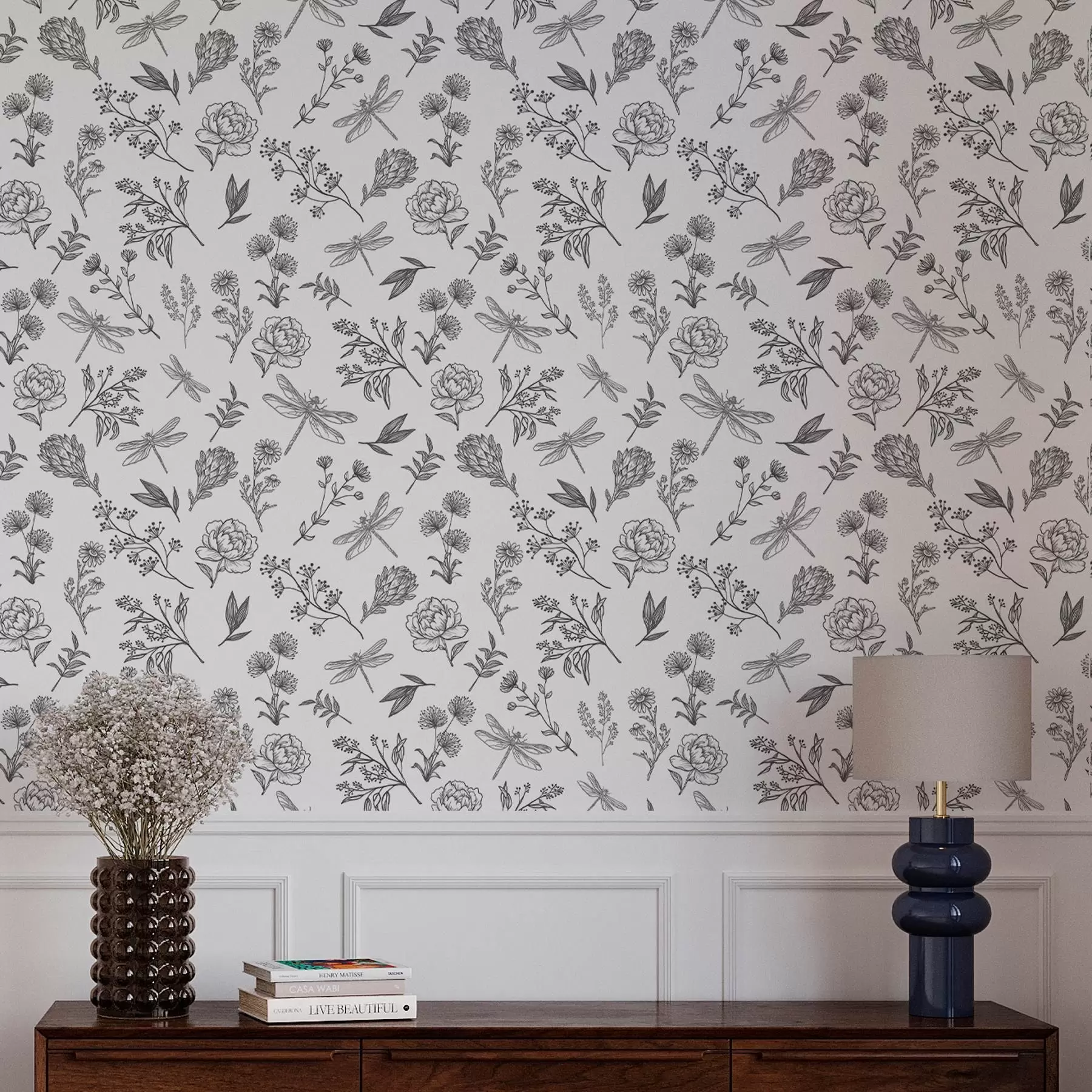 Papier peint Fleurs, feuilles et libellules sur fond blanc a00025v1