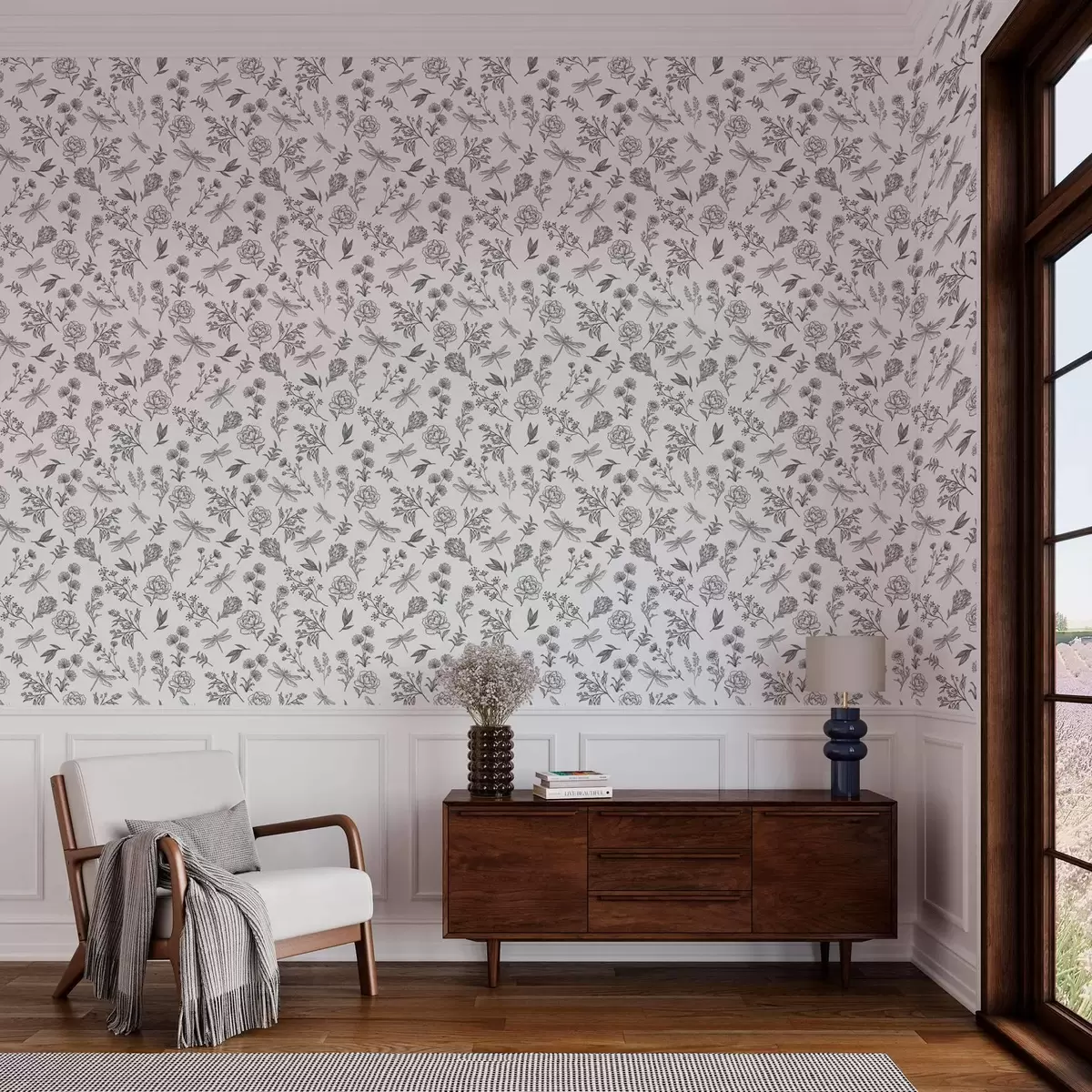 Papier peint Fleurs, feuilles et libellules sur fond blanc a00025v1