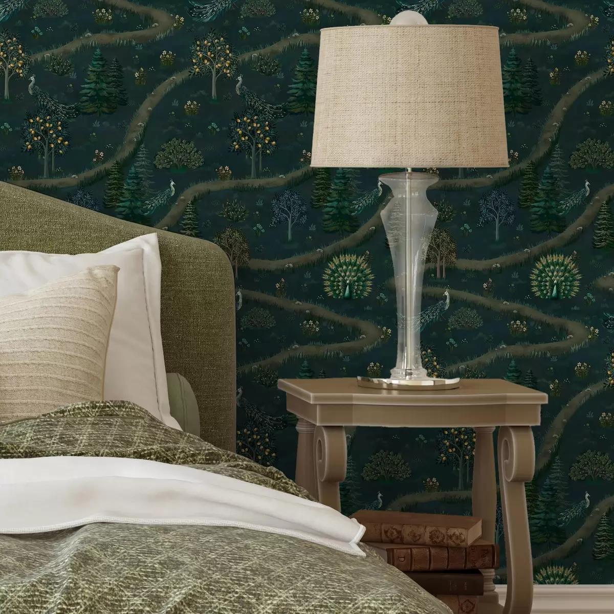 Papier peint Chemin sinueux avec paons et citronniers sur fond sombre a00041v1