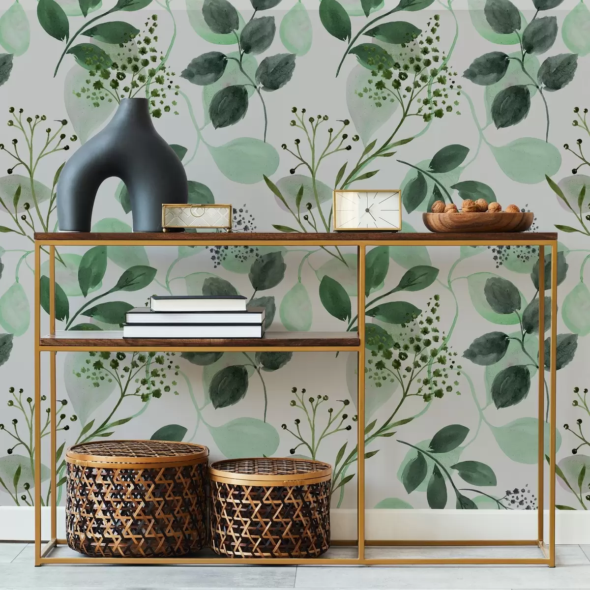 Papier peint Feuilles d'automne en style aquarelle dans les tons verts a00048v1