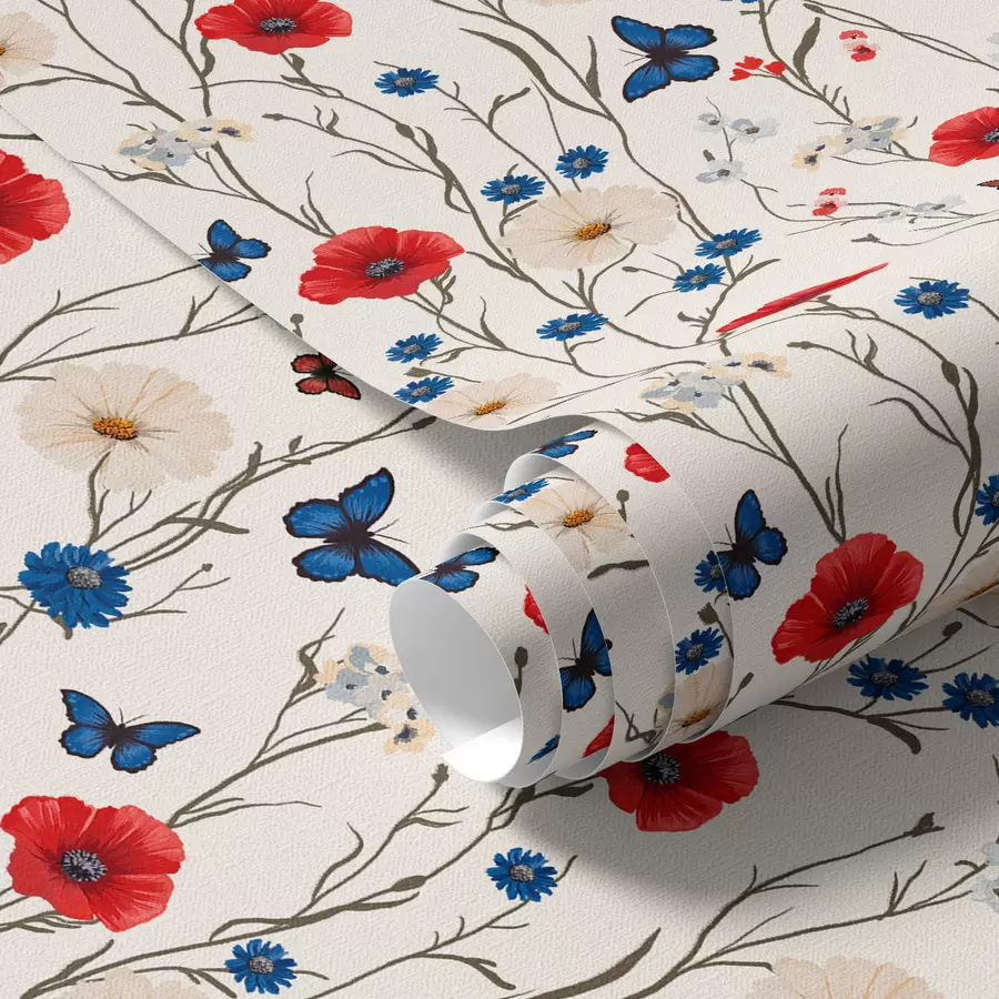 Papier peint Coquelicots, marguerites et papillons sur fond blanc a00072