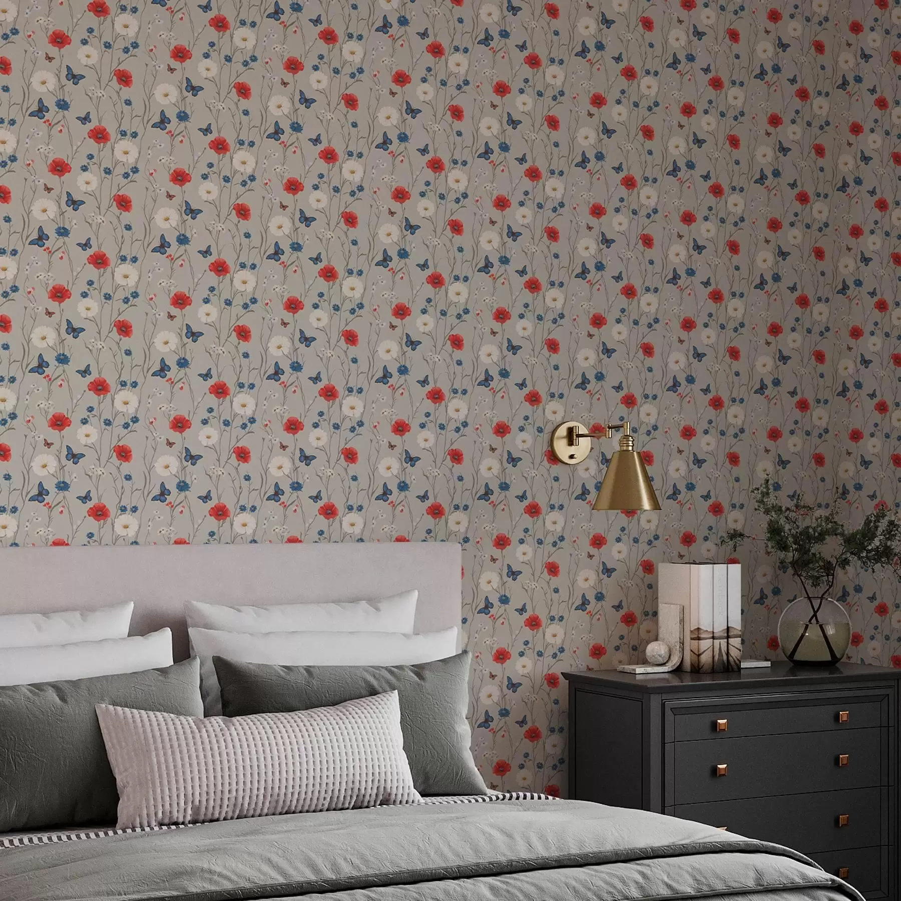 Papier peint Coquelicots, marguerites et papillons sur fond gris clair a00072v1
