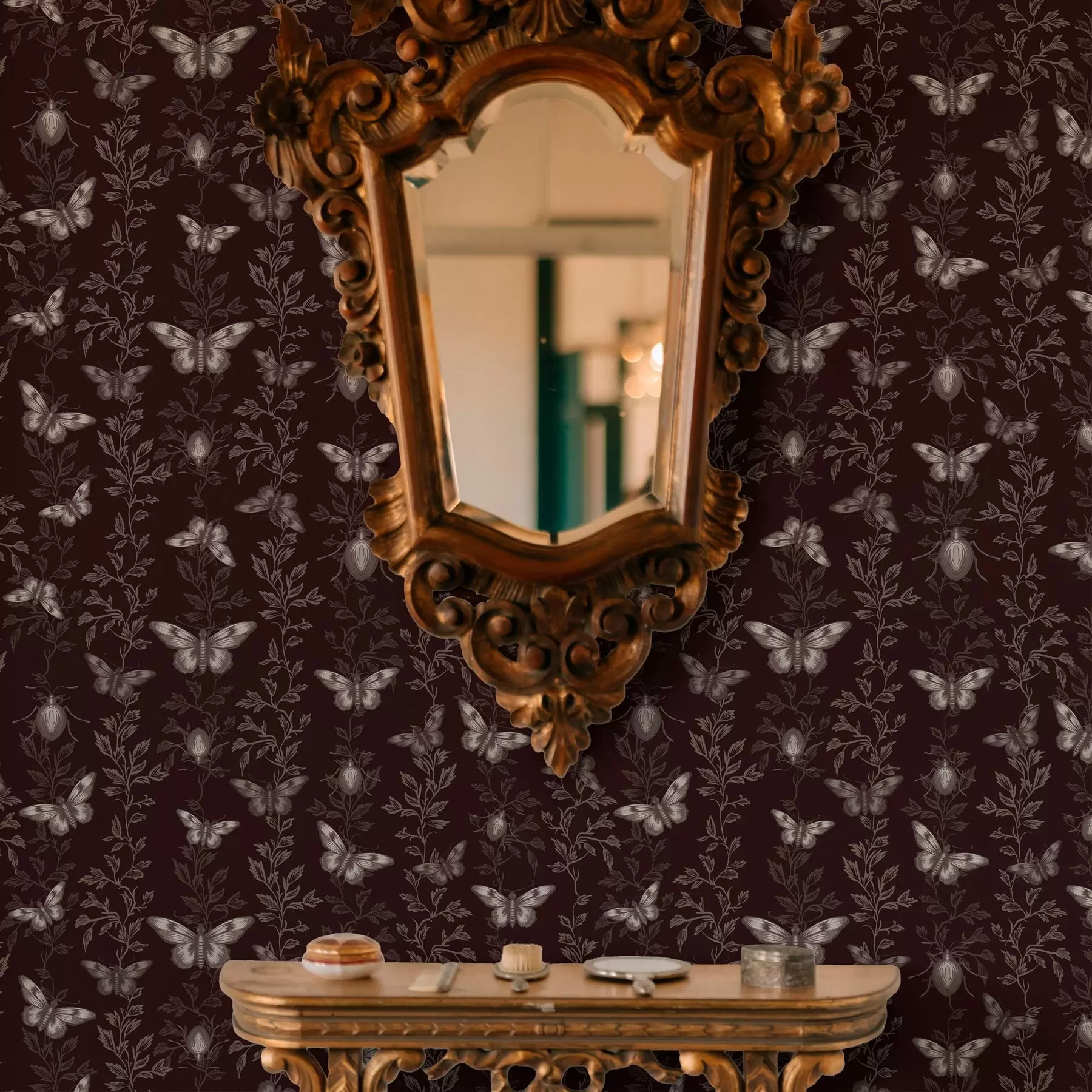 Papier peint Composition avec papillons, feuilles et insectes sur fond sombre a00073v1