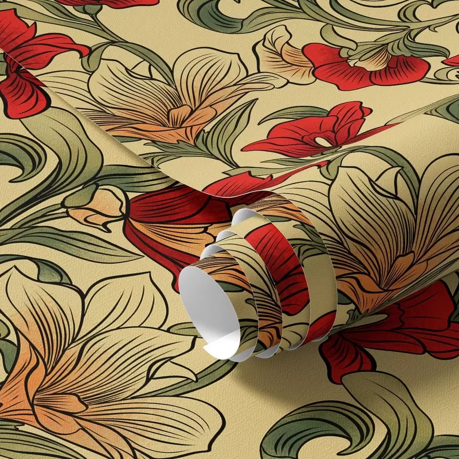 Papier peint Tiges torsadées brillantes avec des feuilles et des fleurs rouges a00075
