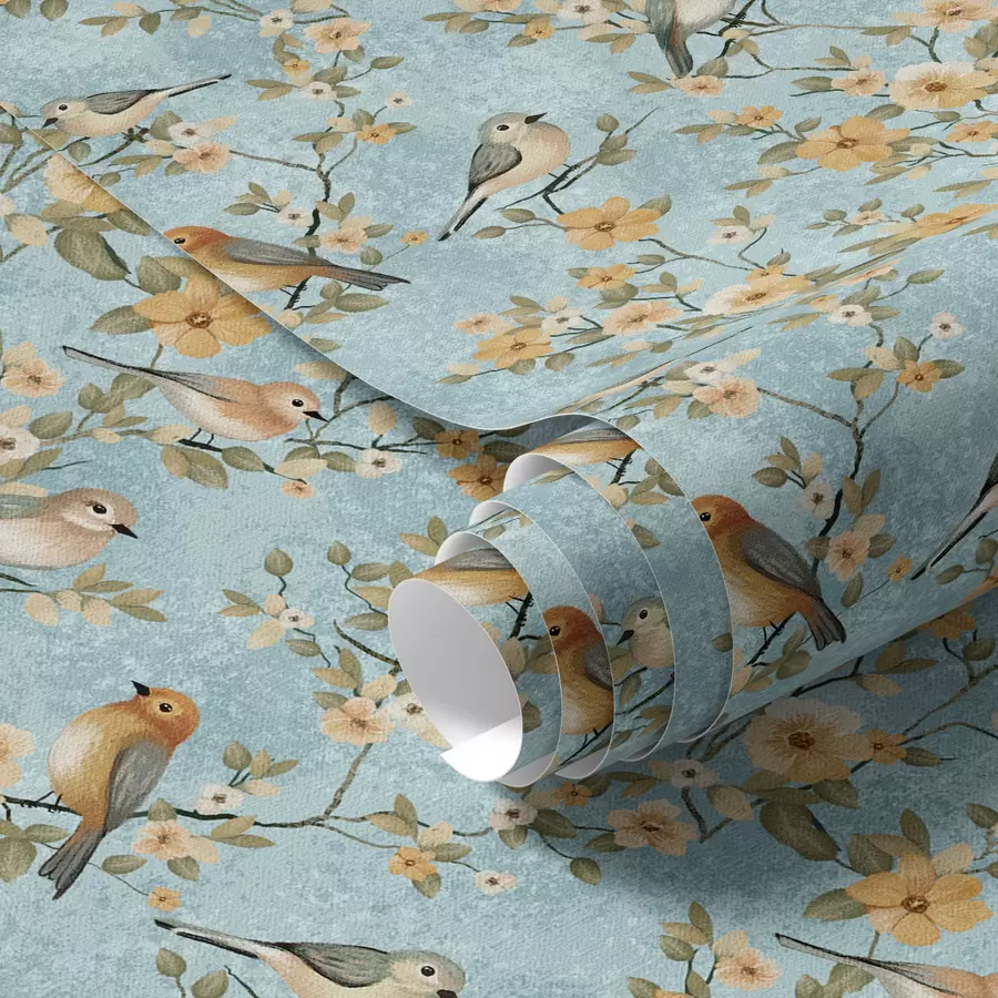 Papier peint Petits oiseaux sur des branches sur fond bleu a00092
