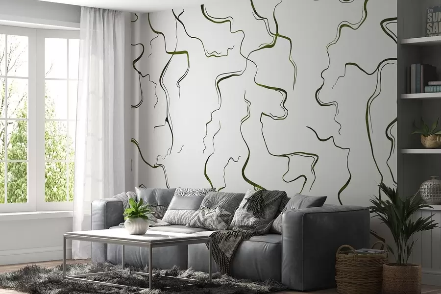 Papier peint Lignes géométriques, style encre, abstraction, couleurs vertes w03436