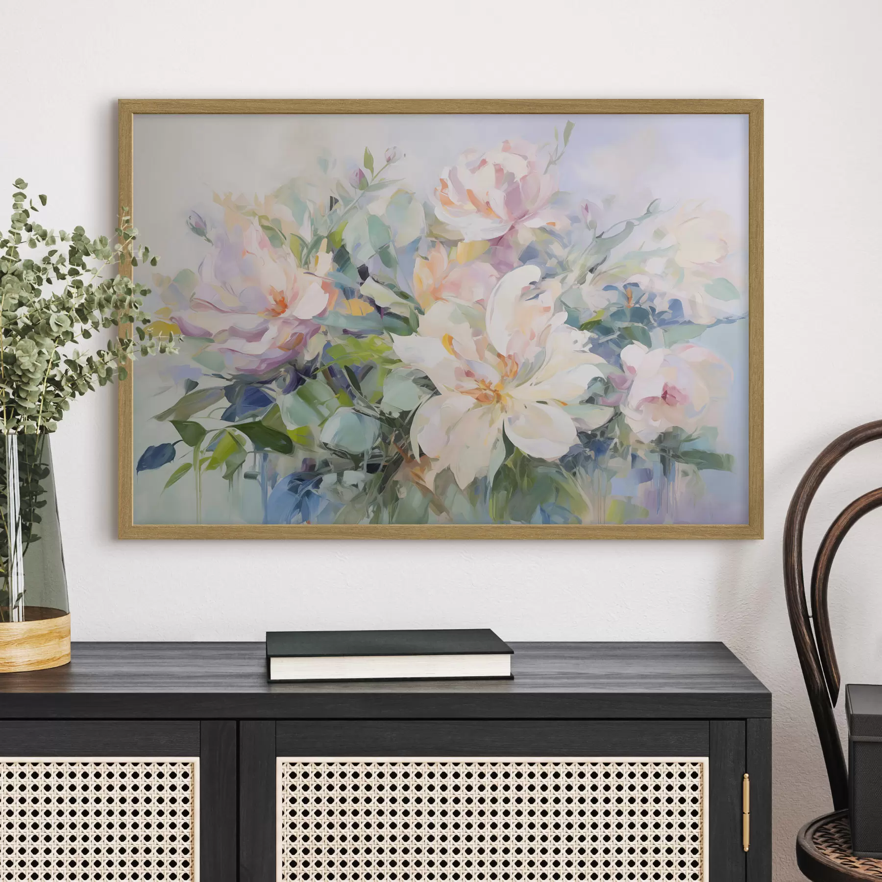 Papier peint Arrangement floral composé de fleurs aux couleurs pastel et de feuilles bleues, imitation peinture à l'huile f43390