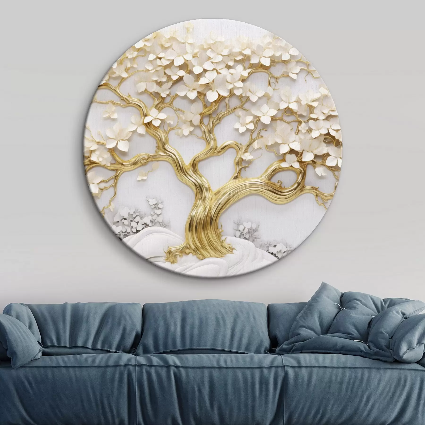 Tableau Arbre décoratif avec fleurs blanches, fond blanc, rochers blancs, détails complexes, art inspiré de la nature r43388