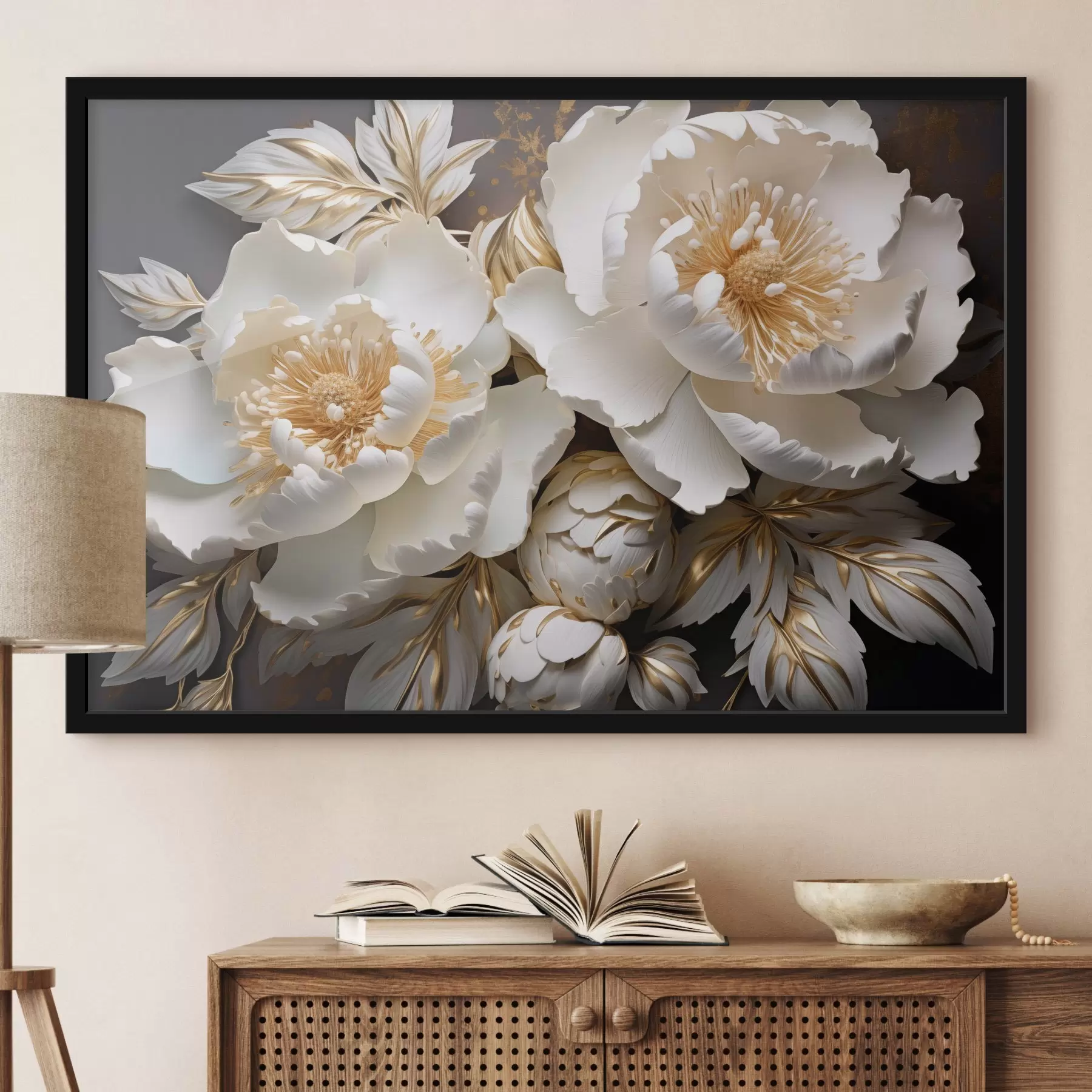 Papier peint Pivoines blanches et jaunes avec feuilles, détails complexes, art décoratif, fond sombre f43399