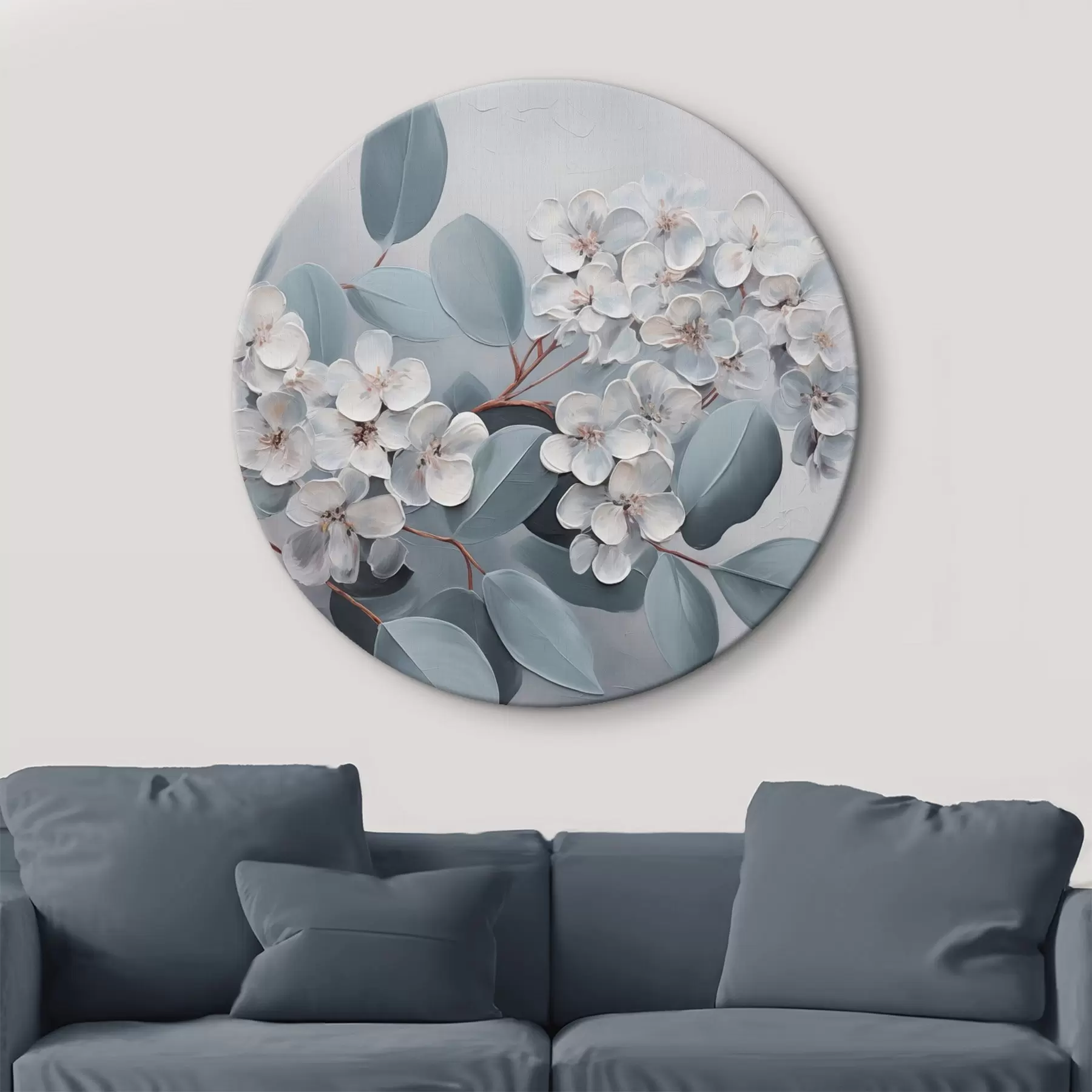 Tableau Une branche d'hortensia blanc en pleine floraison, avec des feuilles bleues sur un fond gris clair, style peinture à l'huile r43391