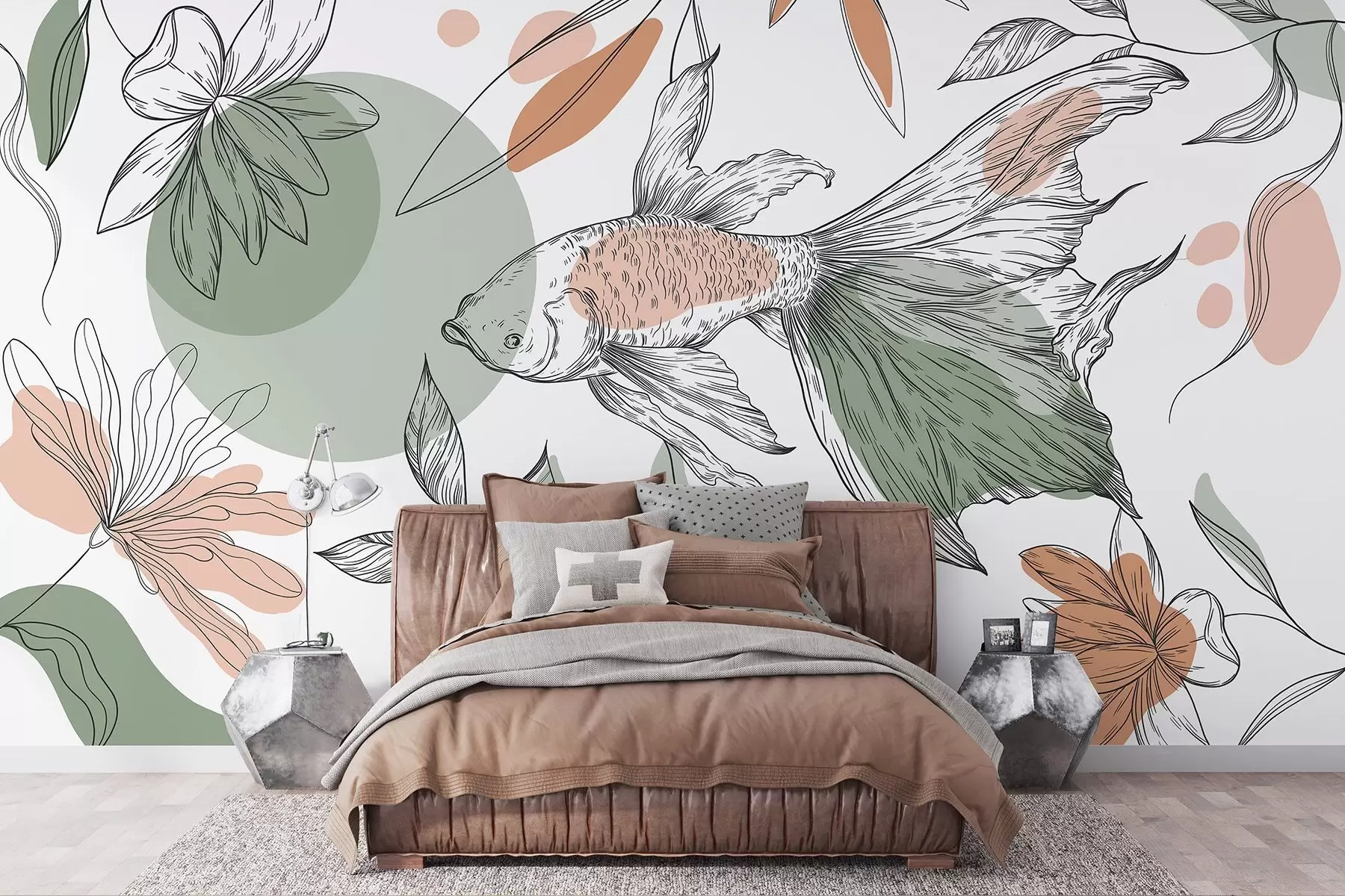 Papier peint Dessin au trait de poisson avec des fleurs, minimalisme, marin, floral, couleurs naturelles w03448
