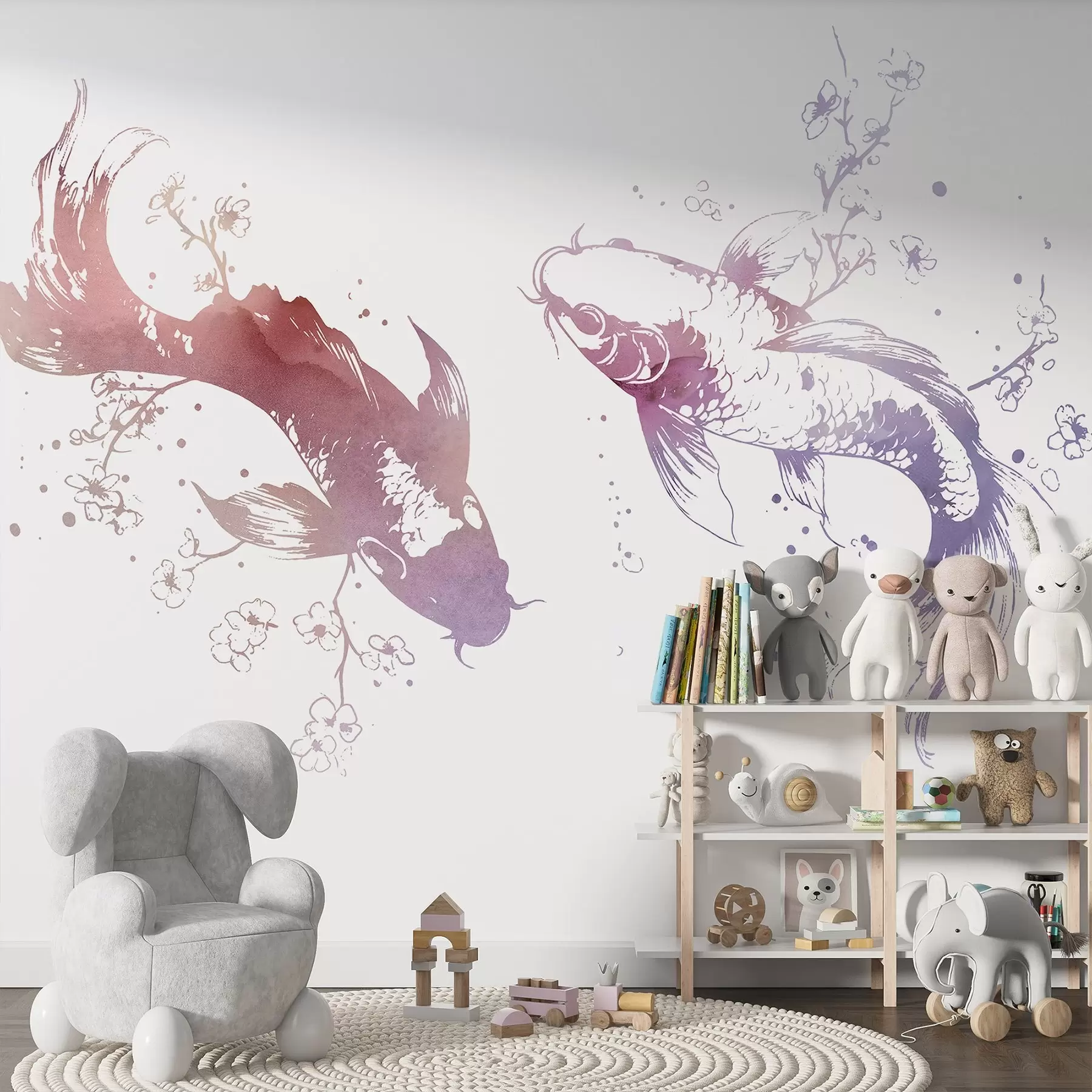 Papier peint Aquarelle poisson, style oriental, cerisier, couleurs violettes w03447v1